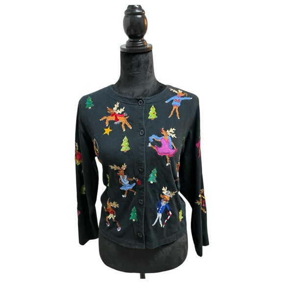 Michael Simon Lite Black Reindeer Tacky Christmas Button Cardigan Sweater Medium - Picture 3 of 7